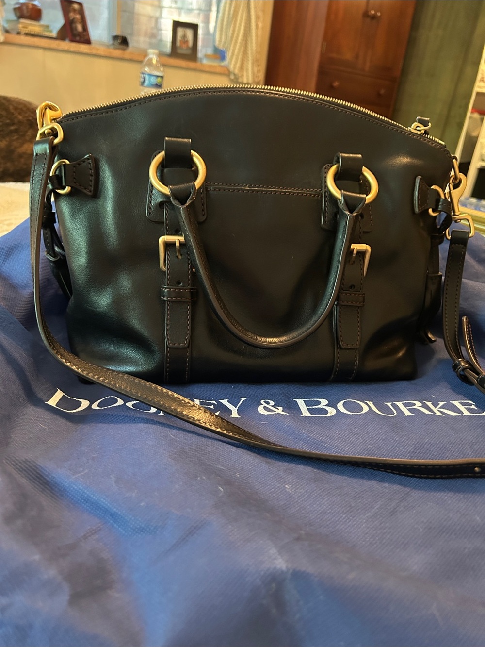 Dooney & Bourke Black Leather Satchel with Gold Hardware Accents
13 x 9.5